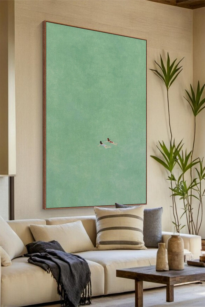 two girls swimming painting,Swimming Drawing Large green wall art, Green Minimalist Painting, holiday style wall art