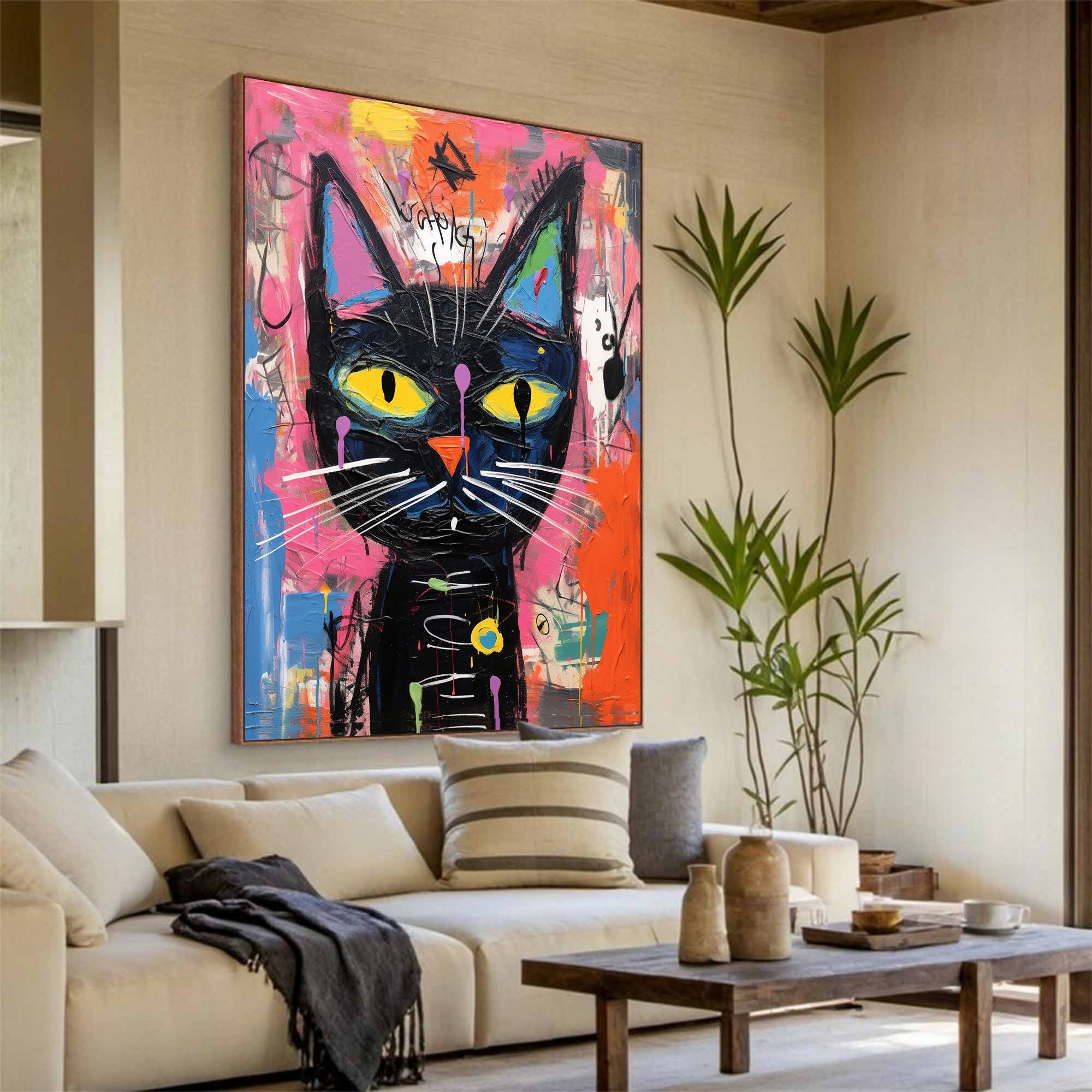 Colorful Pop Art Cat Canvas Modern Street Art Cat Urban Art Cat Decor