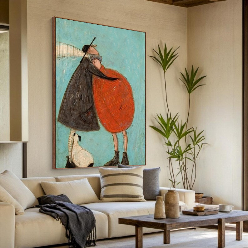 Romantic Embrace Hand-Painted Oil Painting - Modern Abstract Couple Wall Art
