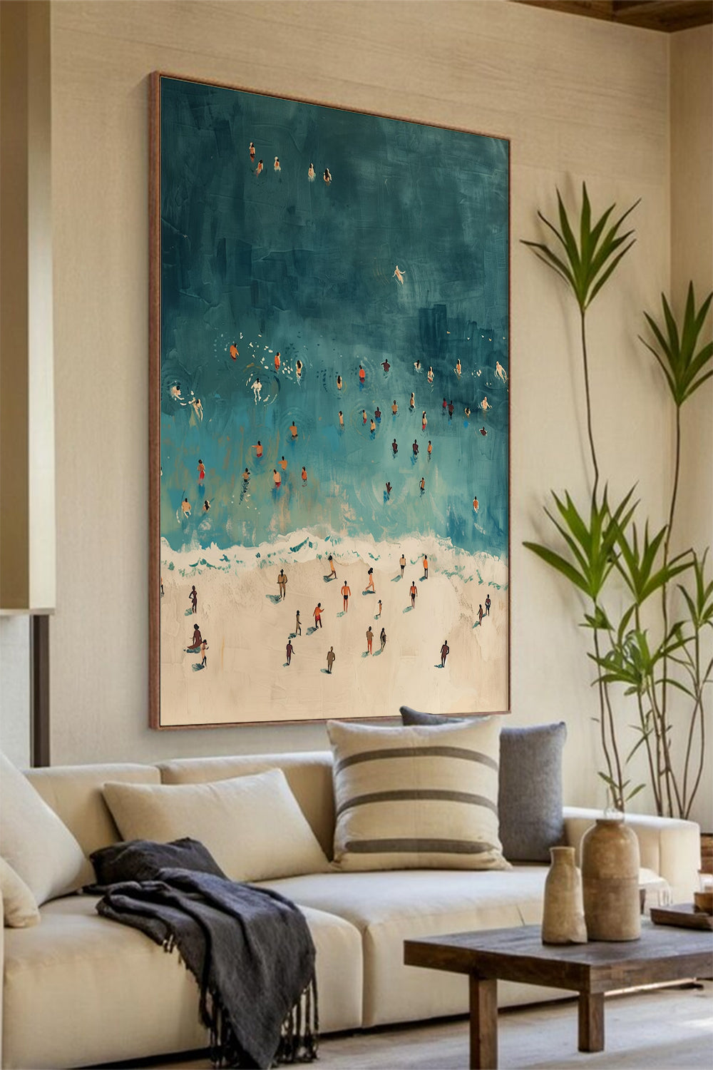 Tiny People Swimming in Ocean Hand-painted oil painting, swimming painting Summer Poster, Beach House Decor