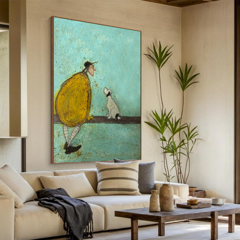 Whimsical Man and Loyal Dog Canvas Wall Art - Modern Minimalist Palette Knife Oil Painting for Living Room