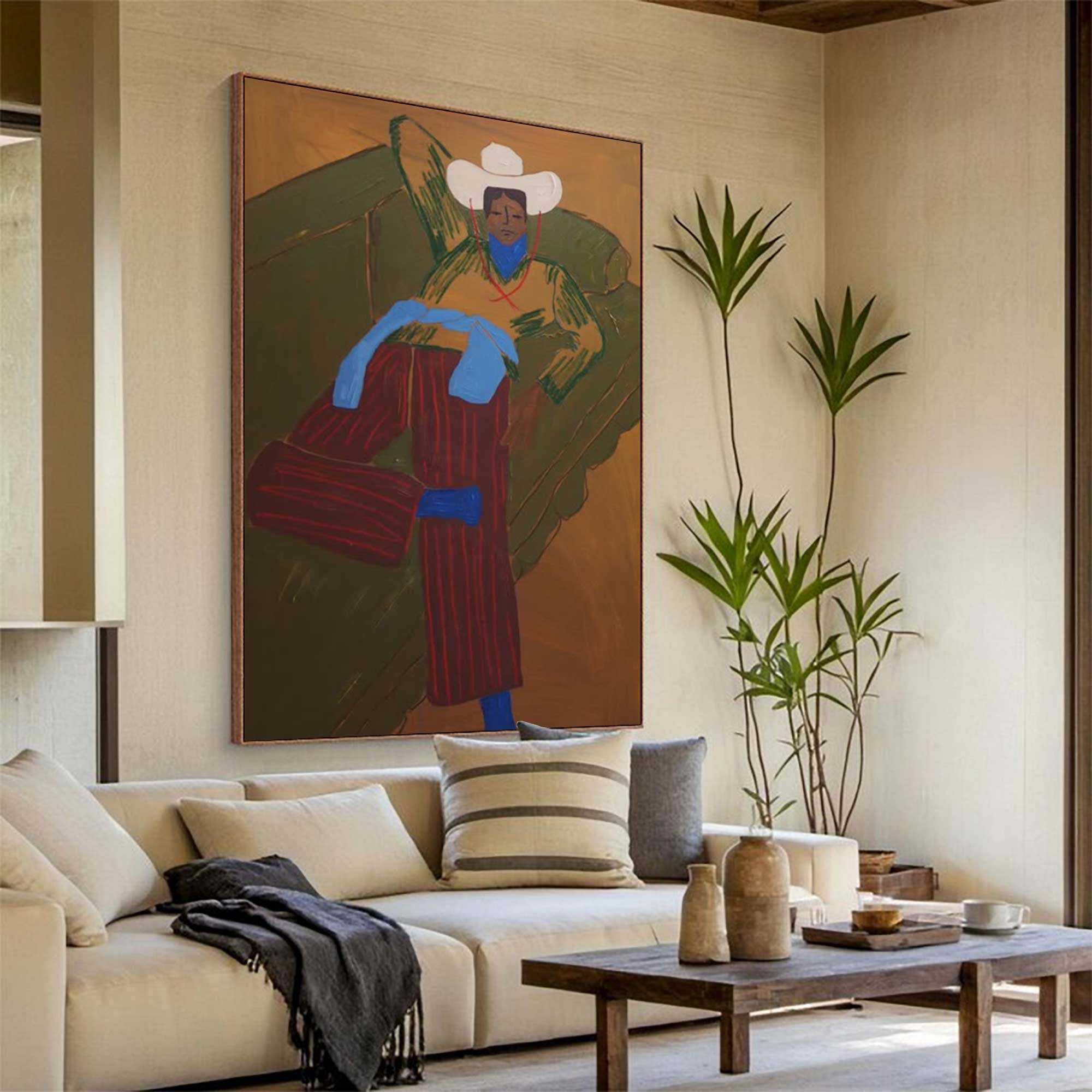 Retro Cowboy Portrait Art Painting contemporary Quirky Male Figure Decor