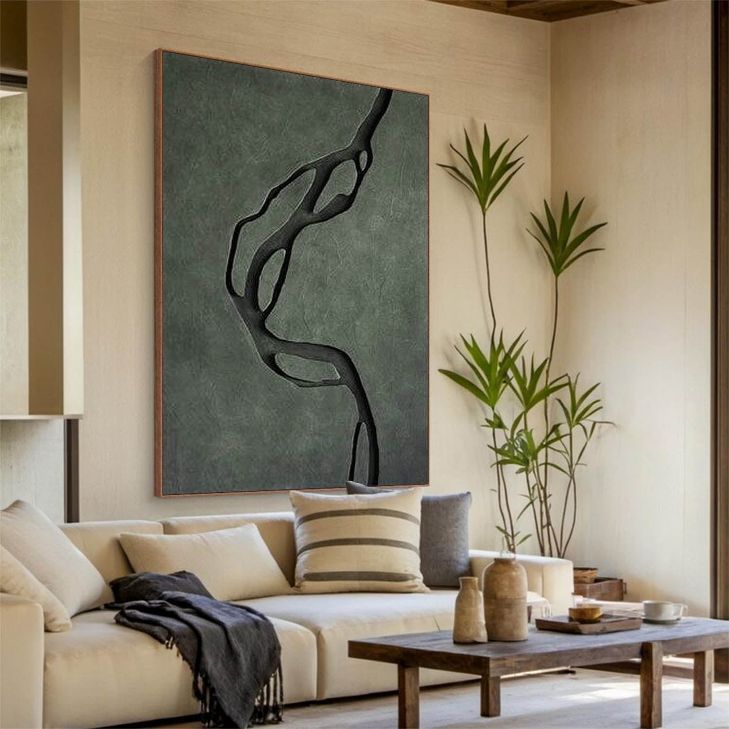 Modern Dark Green 3D Wood Wall Art Hand-Painted Textured 3D Wall Sculpture Decor