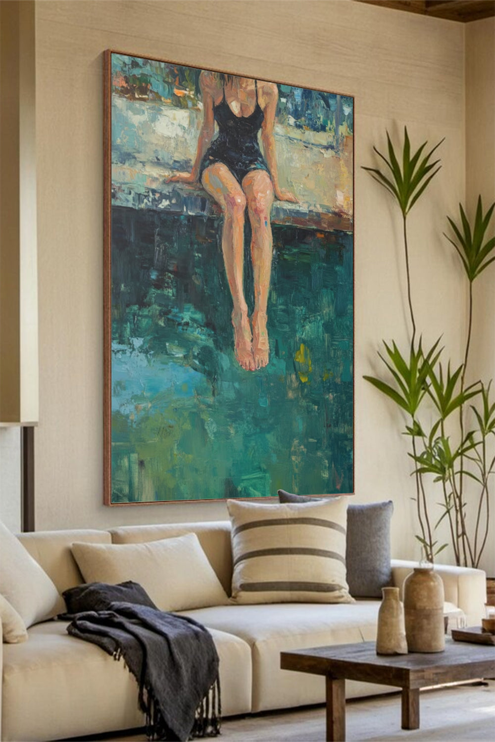 Woman by the pool canvas wall art impressionist oil painting relaxing summer tranquil art home decor