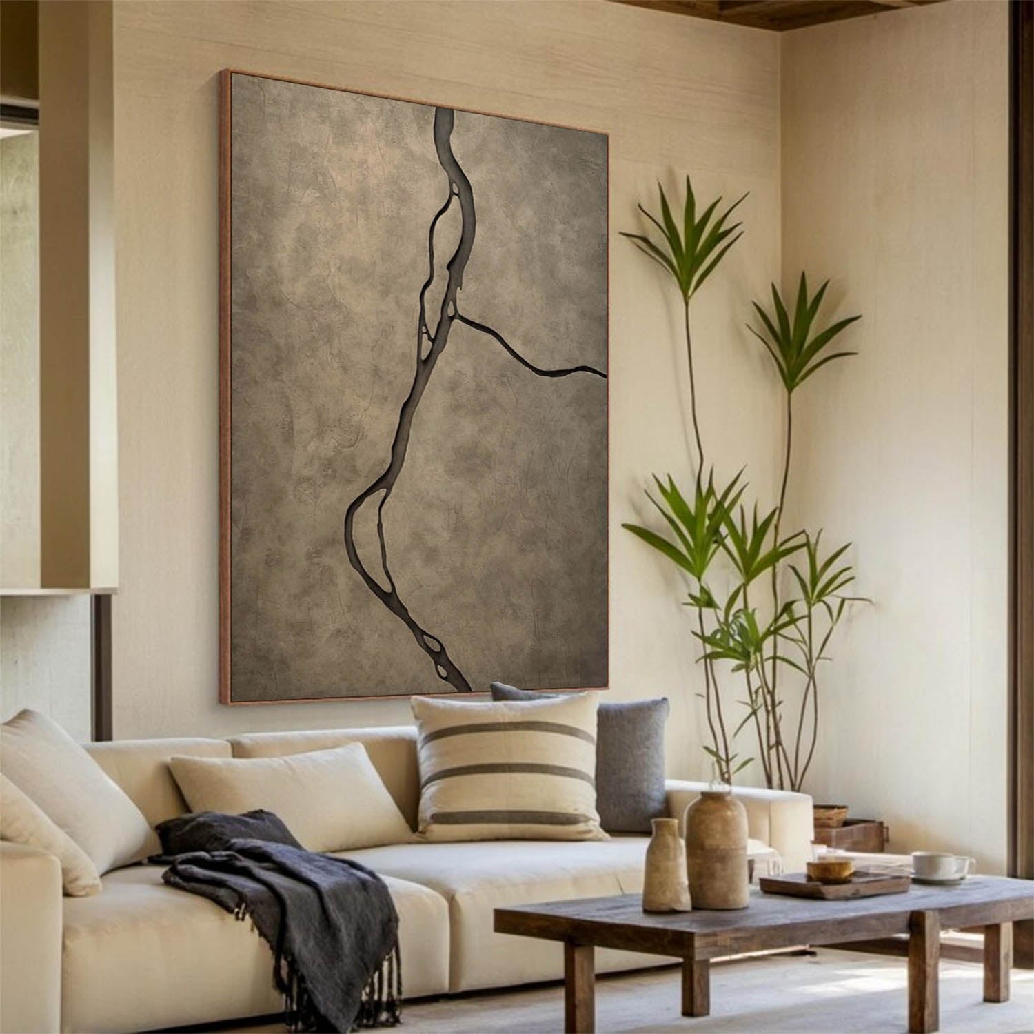 Hand-Sculpted Wabi-Sabi Wood Art - Abstract Earth Vein Texture Painting For Living Room Decor