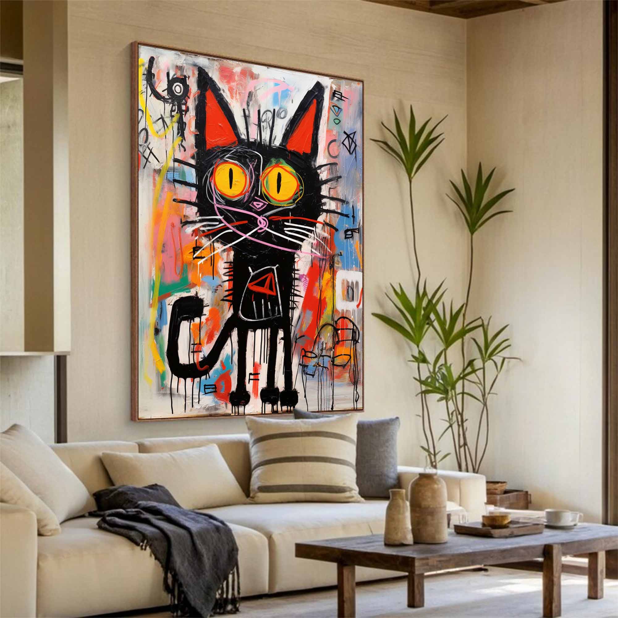 Colorful Pop Art Cat Canvas Abstract Cat Wall Art Modern Street Art Cat