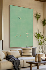 Family swimming painting,Swimming Drawing Large green wall art, Green Minimalist Painting, holiday style wall art