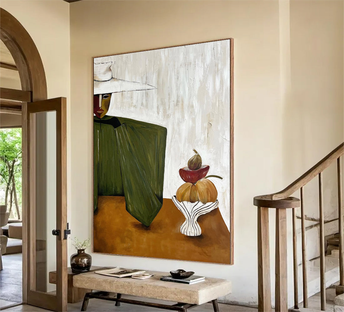 Olive Green Mid-Century Modern Abstract Oil Painting - Harvest Still Life