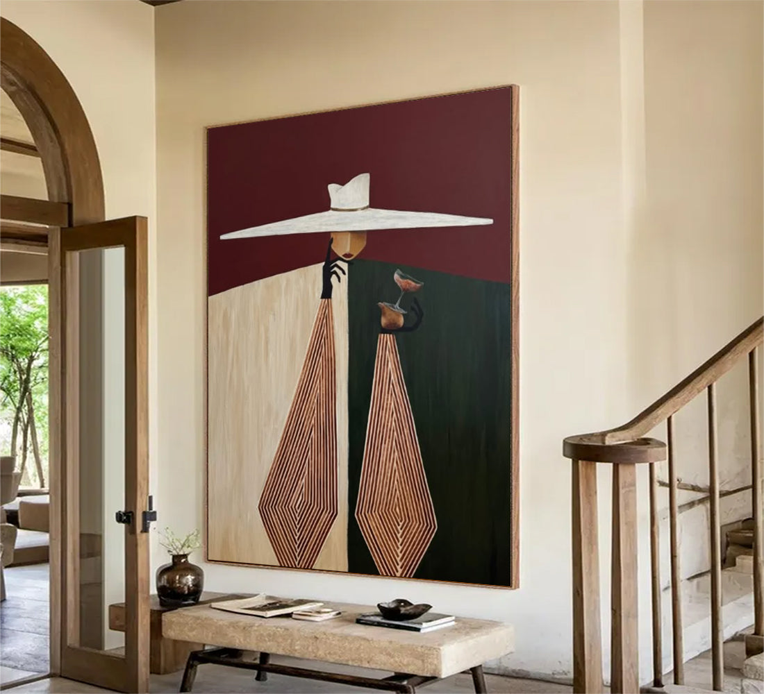Burgundy Background Art Geometric Hand-Painted Abstract Oil Painting