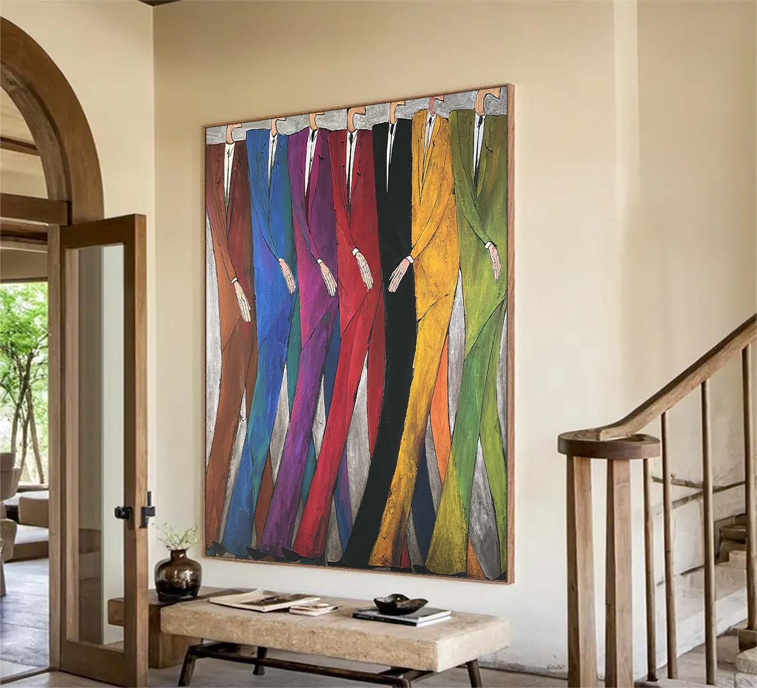 Modern Abstract Figures Painting - Mid-Century Hand-Painted Figures for Office Decor