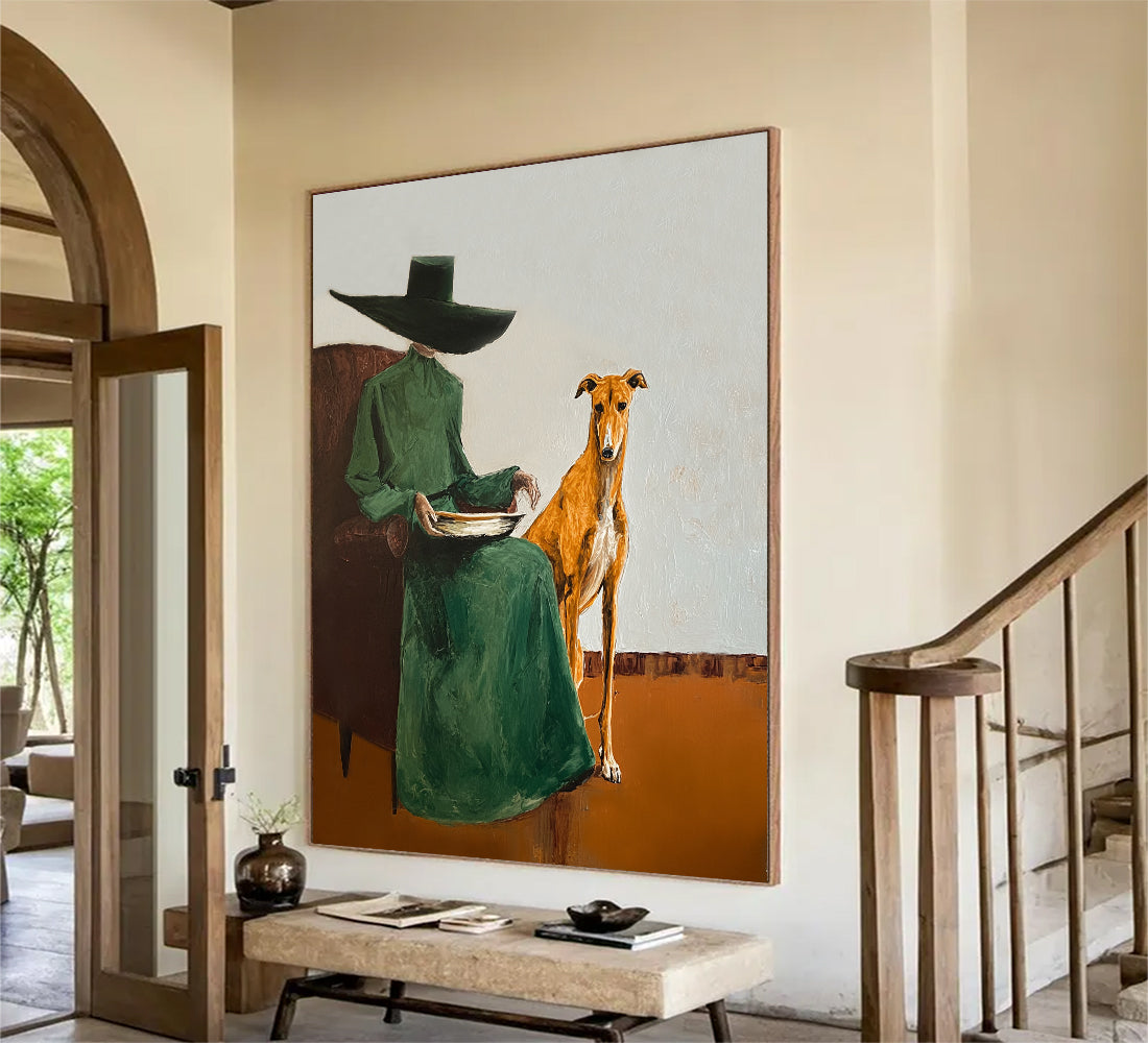 Vintage Fashion Painting Woman with Greyhound Painting Surrealist Figure Art 