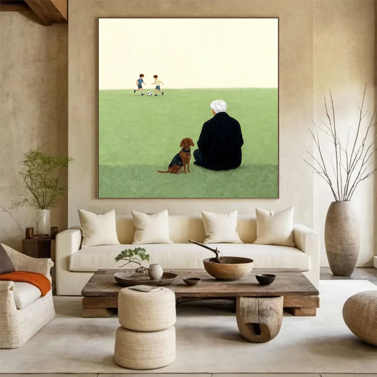 Elderly Man and Dog Oil Painting Nostalgic Senior & Pet Companion Wall Decor