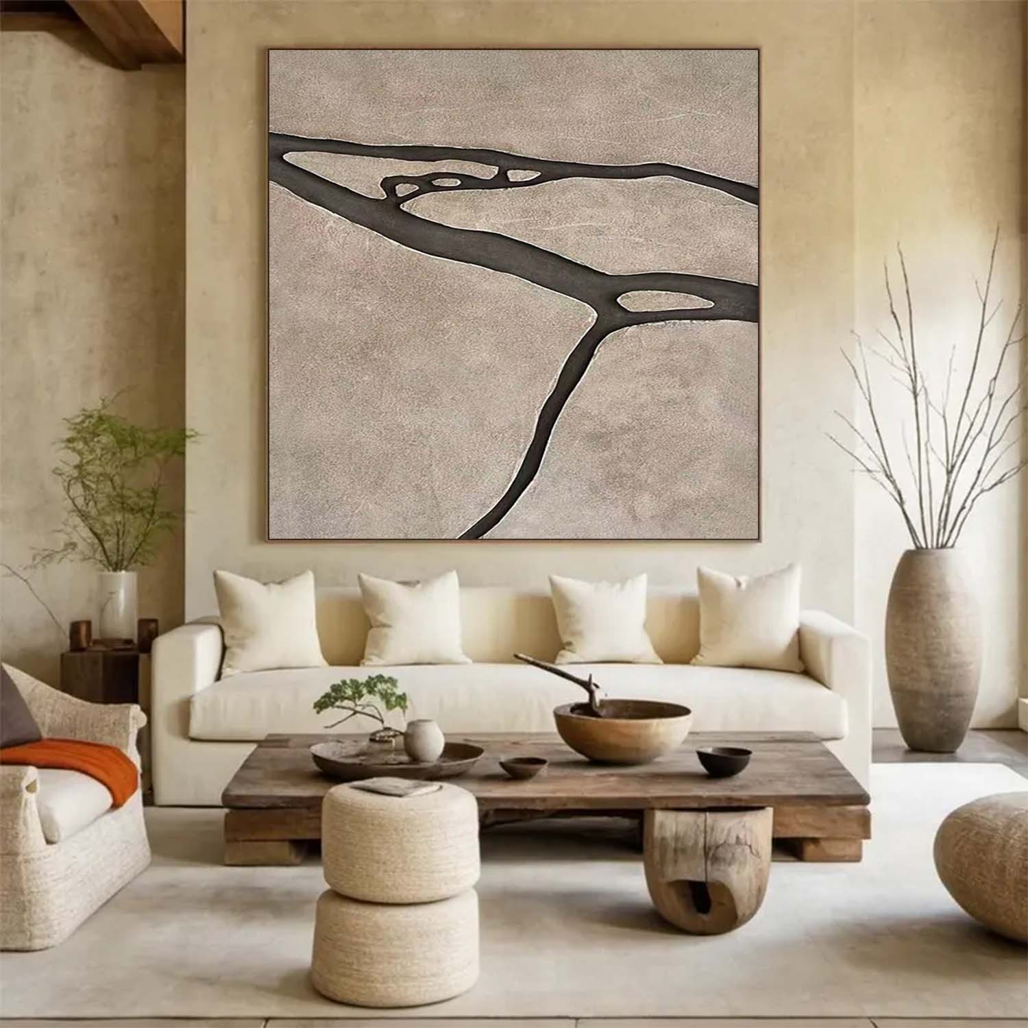 Earth Tone Japandi style 3D Wood Wall Art Wabi-Sabi River Relief for Living Room