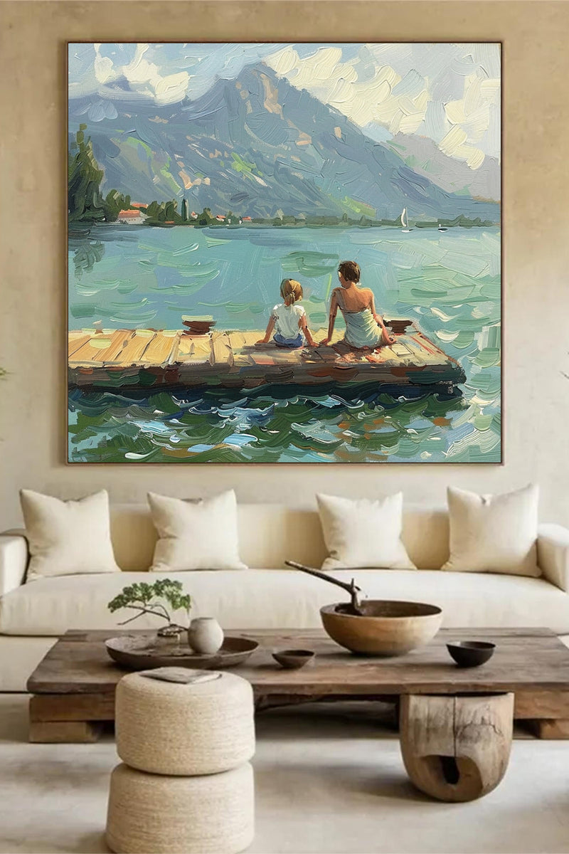 Green Abstract Landscape Oil Painting Lake Canvas Art Vintage Landscape Art Countryside Painting Custom Swimming Painting Farmhouse Wall Art