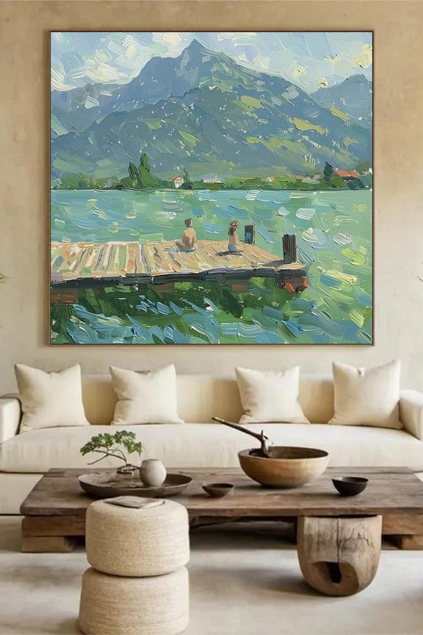 Green Abstract Landscape Oil Painting Lake Canvas Art Vintage Landscape Art Countryside Painting Custom Swimming Painting Farmhouse Wall Art