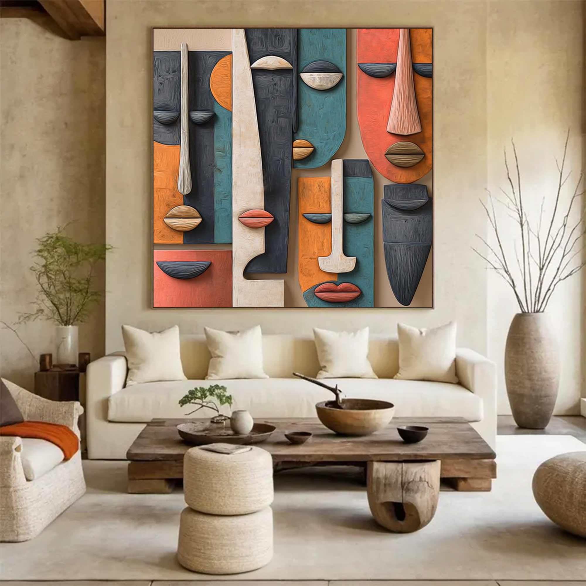 Hand-Painted Wood Carving Wall Art face Abstract 3D Textured Sculpture