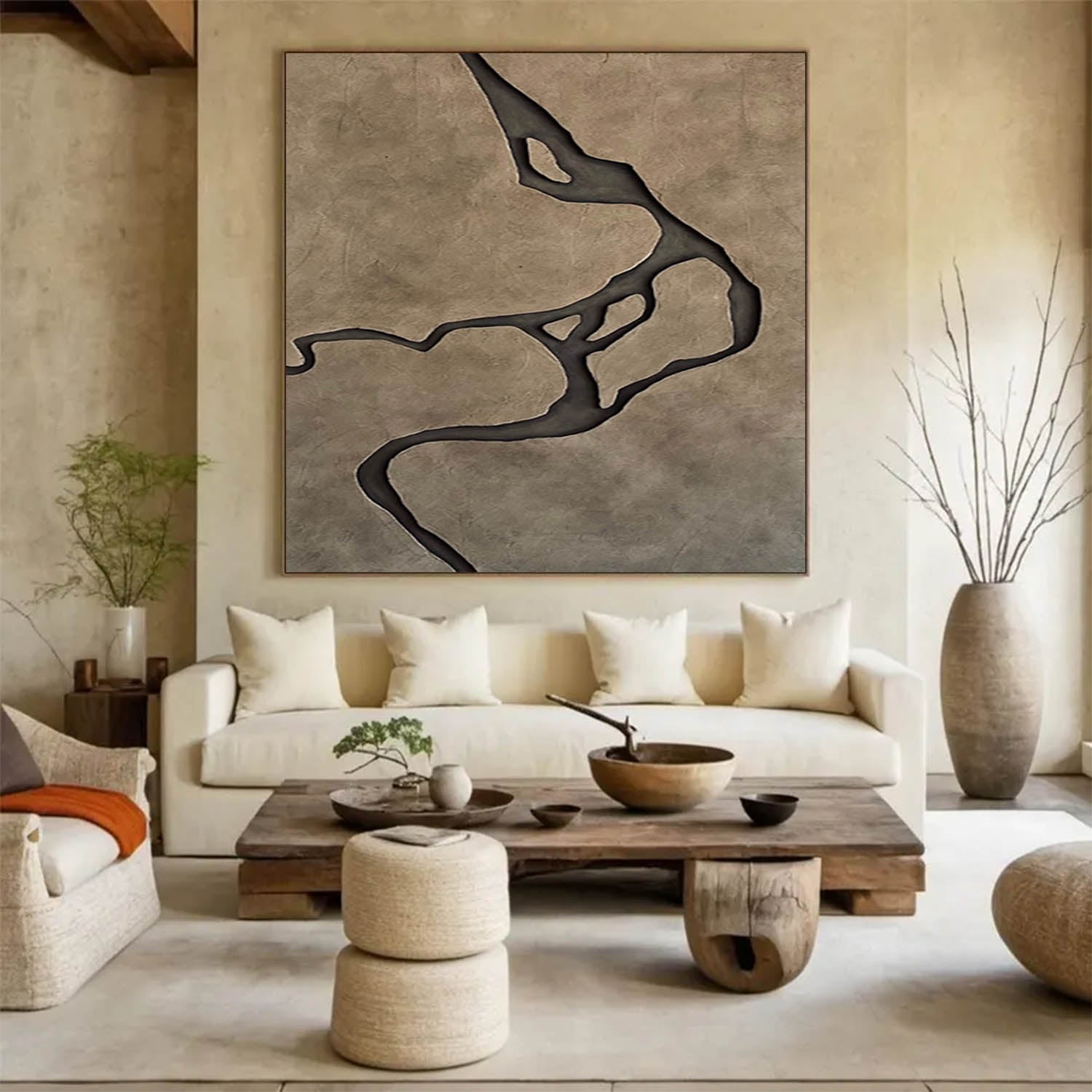Earth Tone Japandi style 3D Wood Wall Art Wabi-Sabi River Relief for Living Room