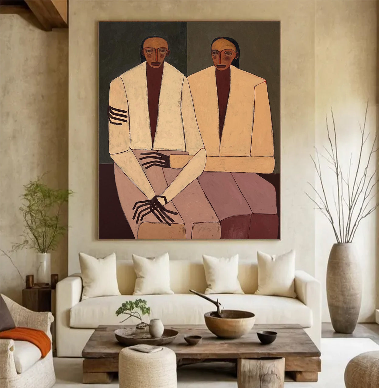 Double Portraits art Boho figurative art Neutral Beige Above sofa art