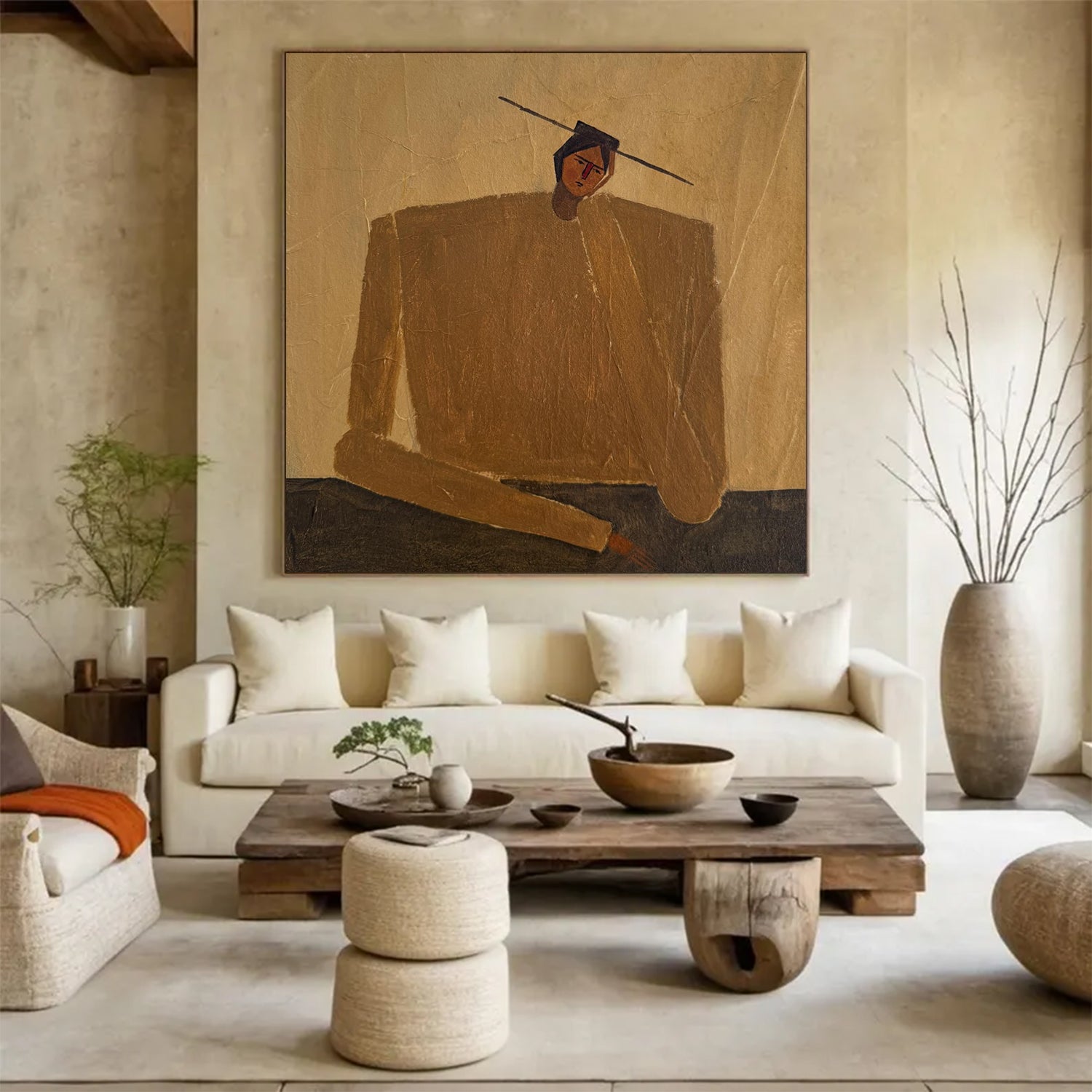 Rustic Minimalist Figurative Painting - Modern Folk Art Style Painting