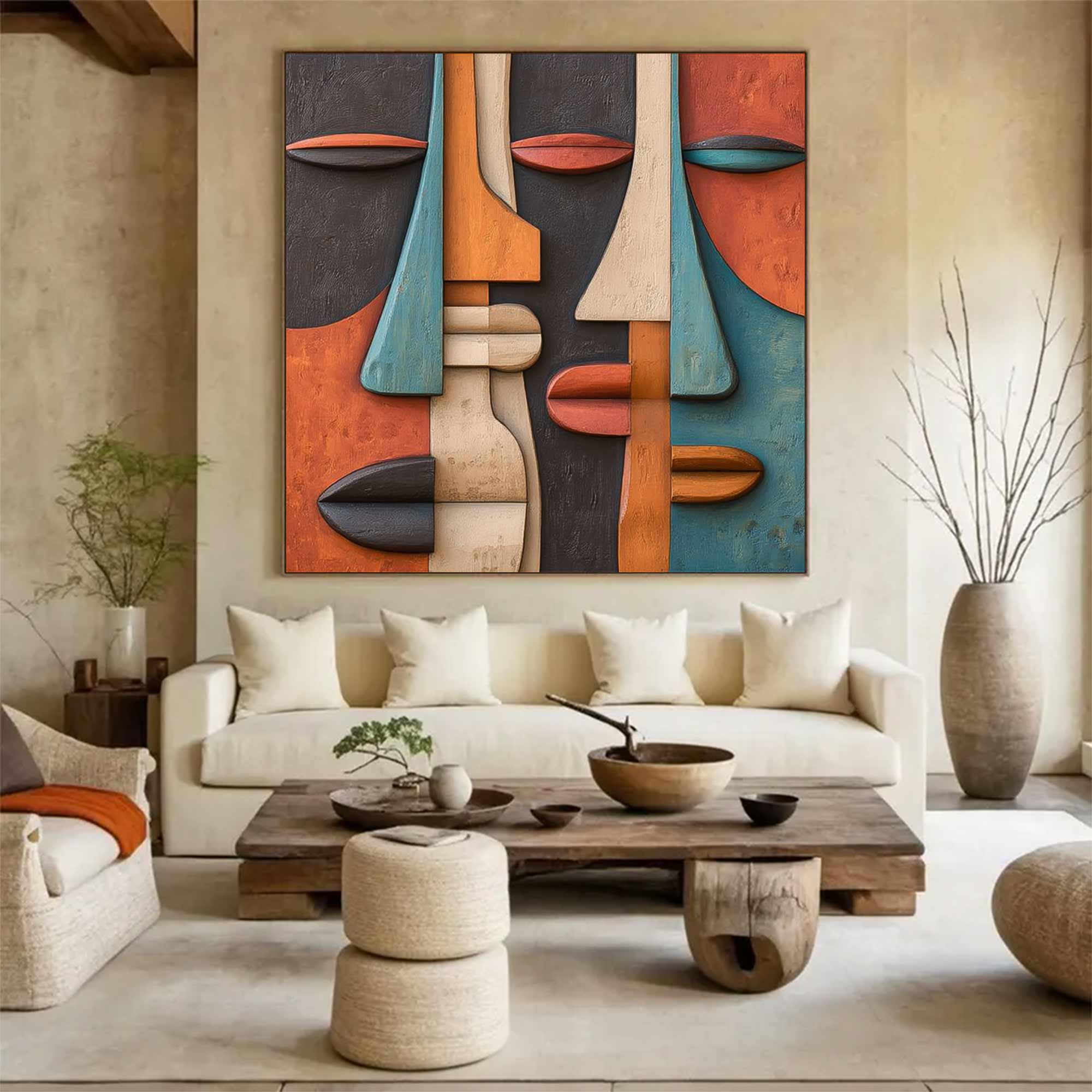 face Abstract 3D Textured Sculpture Hand-Painted Wood Carving Wall Art