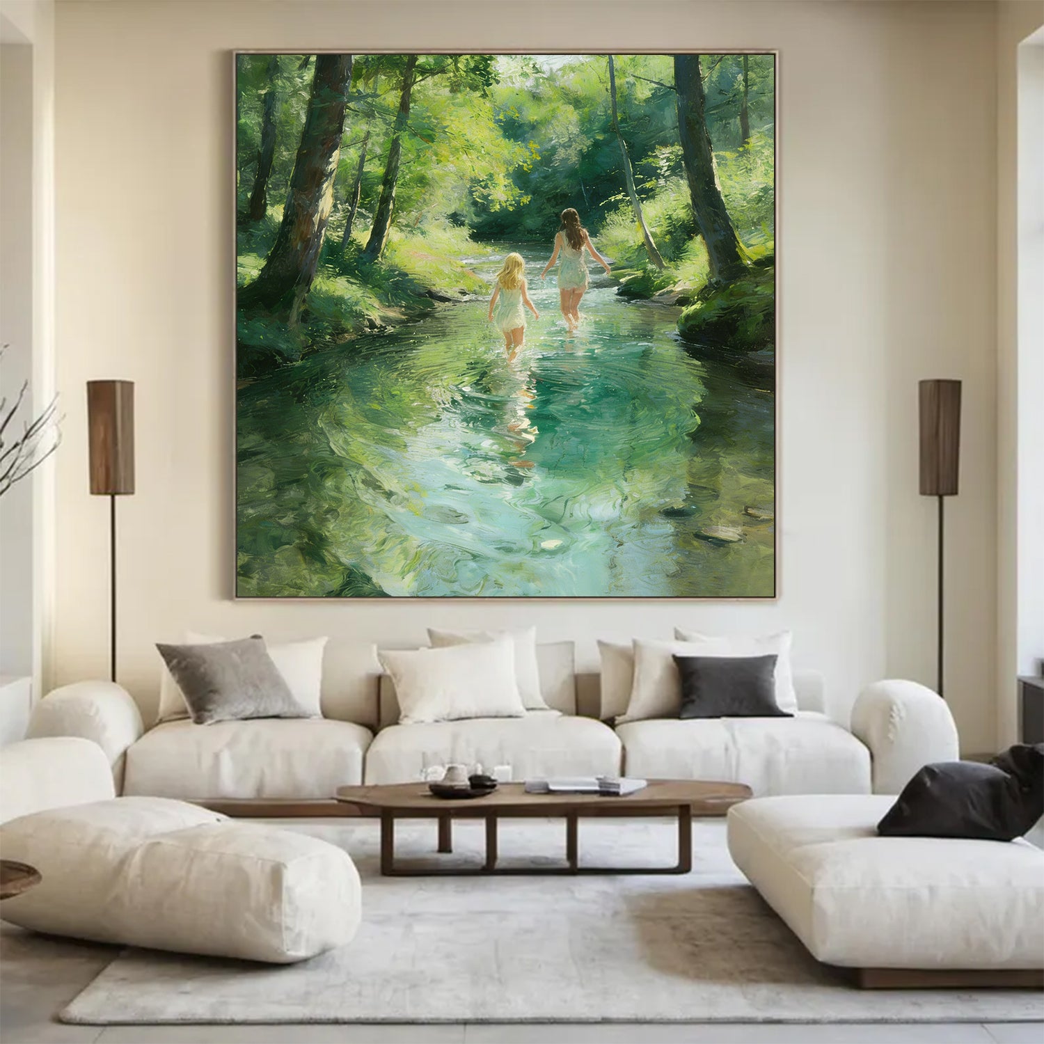 Hand-Painted Summer Lakeside Landscape Art large Green Landscape painting 