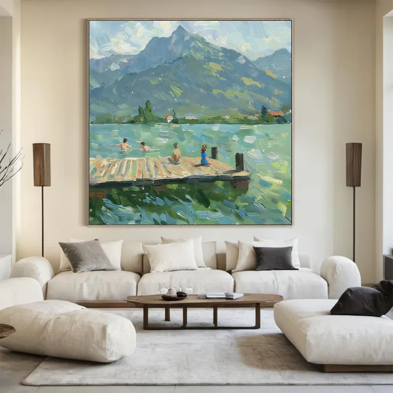 large Green Hand-painted oil painting Serene water landscape decor