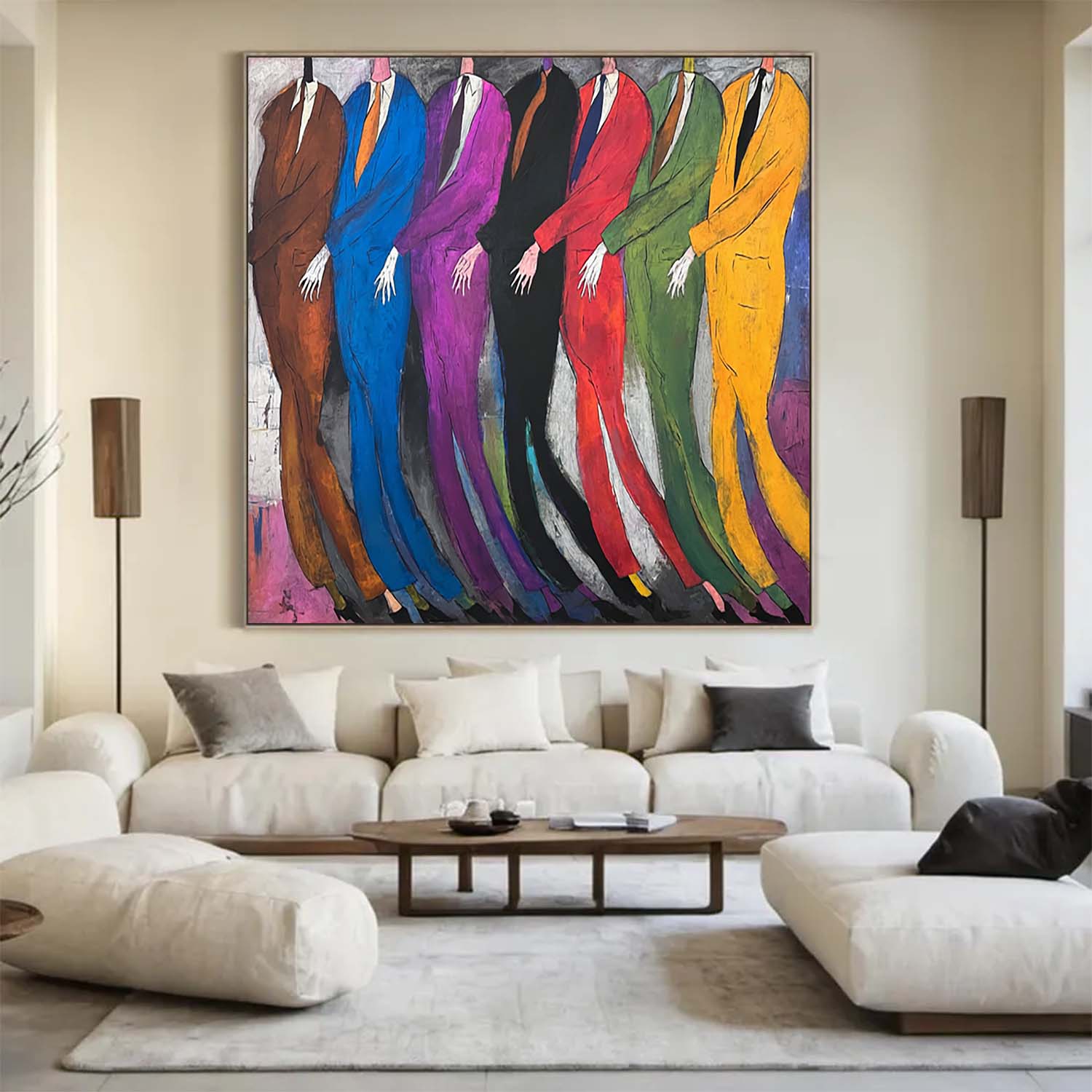 Hand-Painted Colorful Abstract Men in Suits Oil Painting - Expressionist Figurative Wall Art
