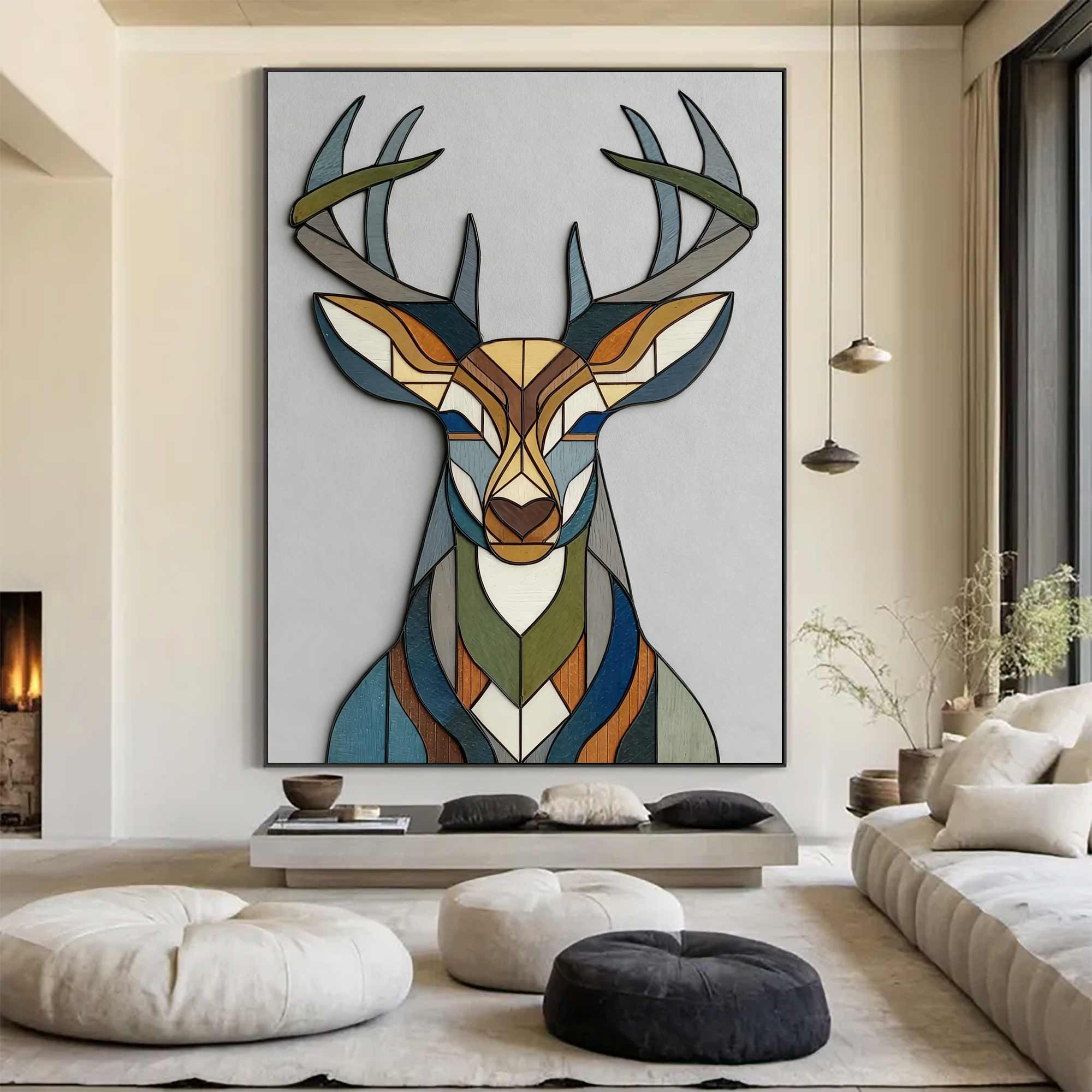 Geometric deer head wood wall art Stained wood style deer wall decor