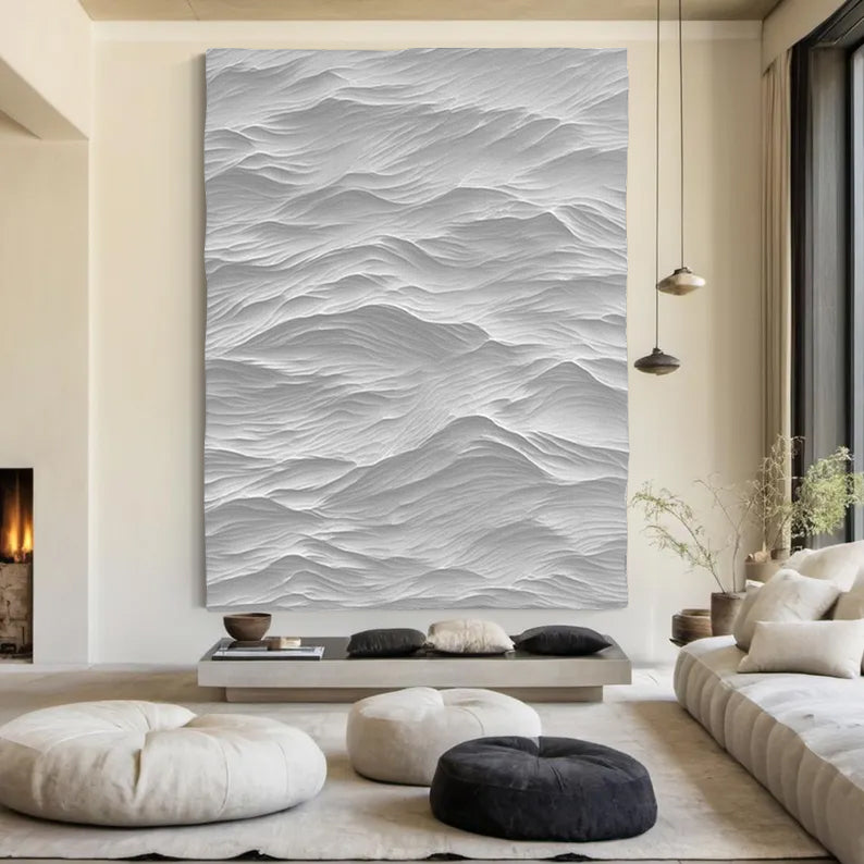 White Sculptured Wood Block Art Sculptured art Painting White sculpture Waves Textured Wall Decor 