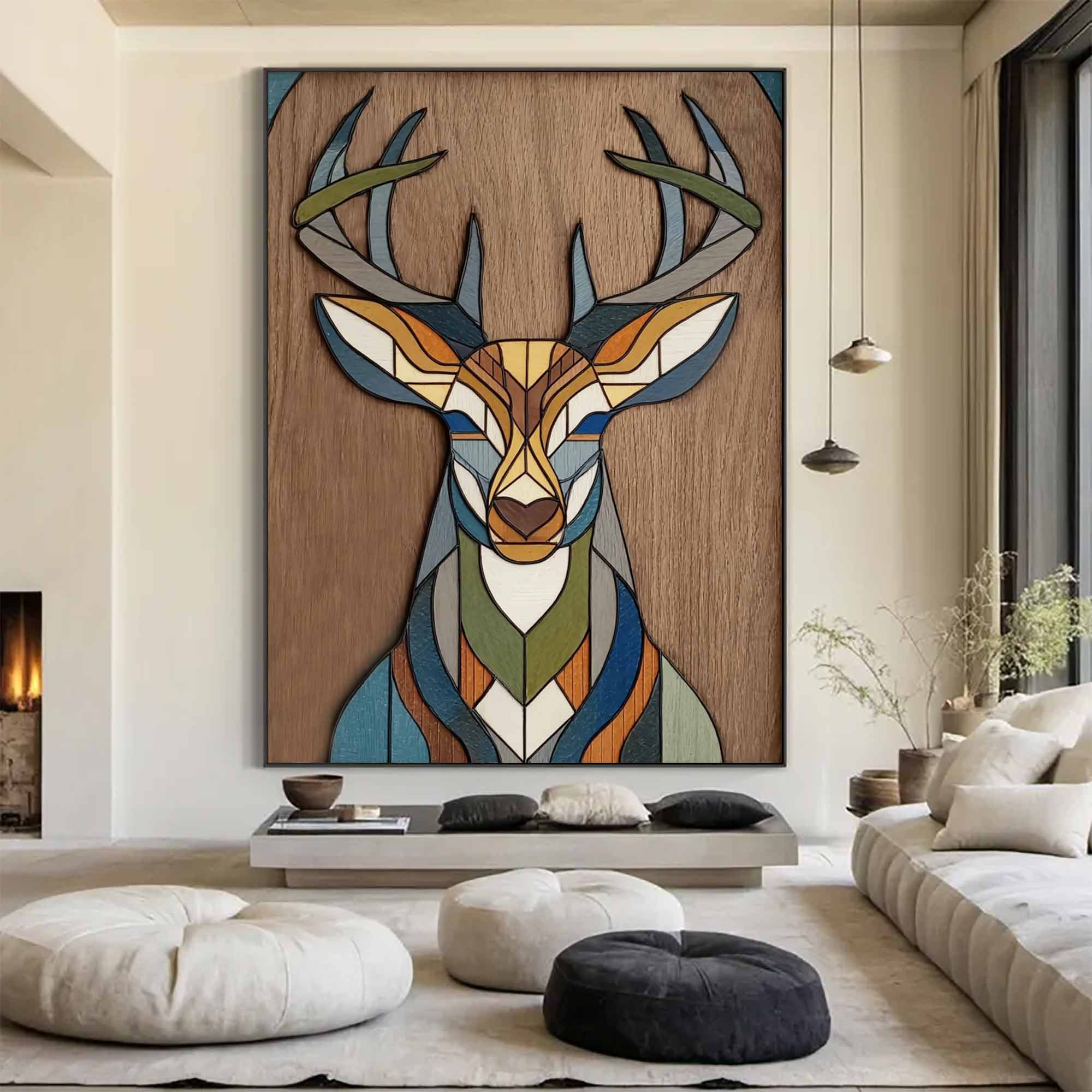 colorful Abstract wooden deer art Living room geometric deer decor