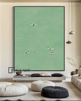 Family swimming painting,Swimming Drawing Large green wall art, Green Minimalist Painting, holiday style wall art