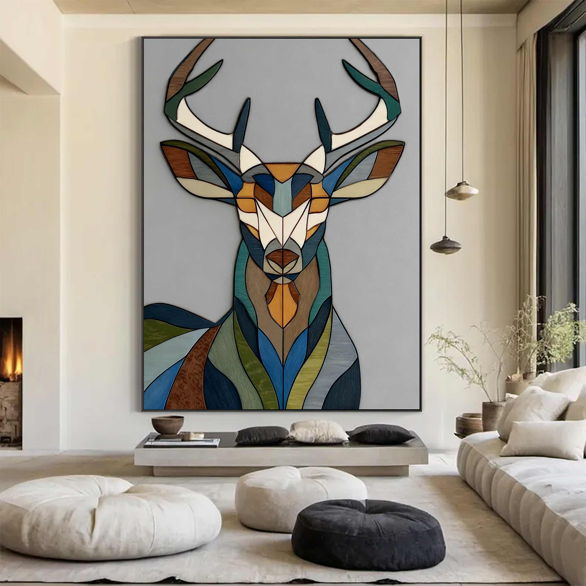 colorful Abstract wooden deer art Living room geometric deer decor