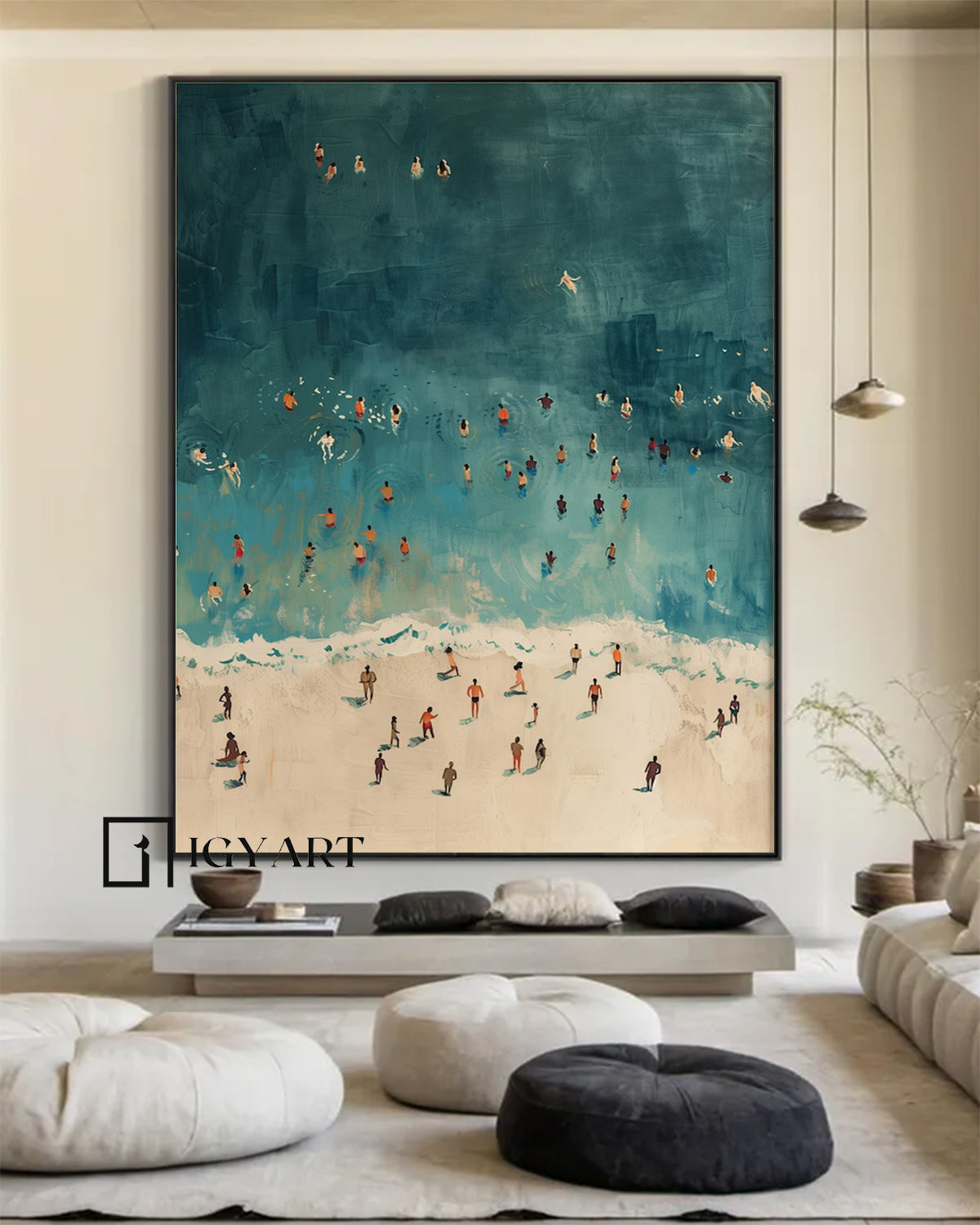 Tiny People Swimming in Ocean Hand-painted oil painting, swimming painting Summer Poster, Beach House Decor