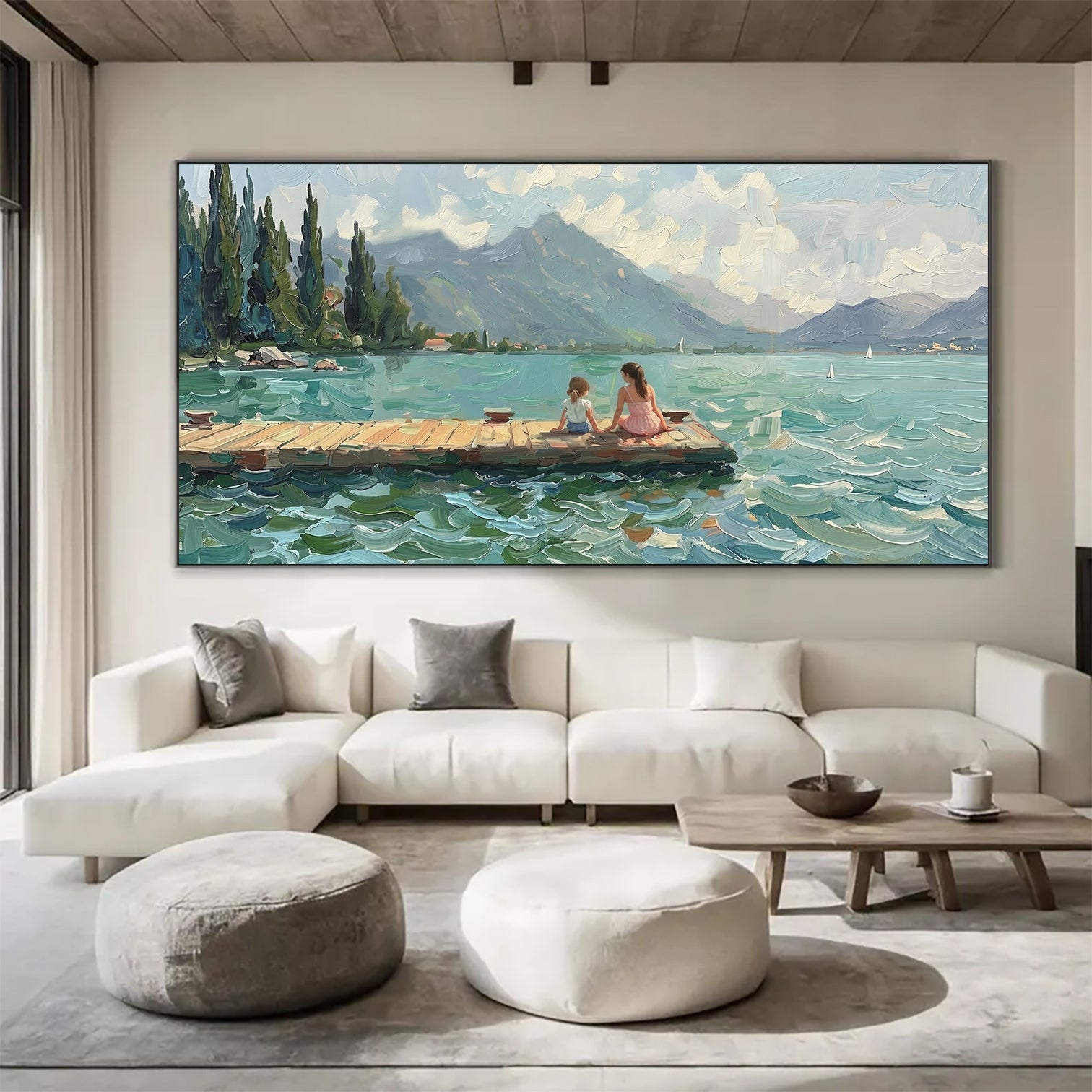 green Horizontal abstract painting two girls Summer lakeside landscape art