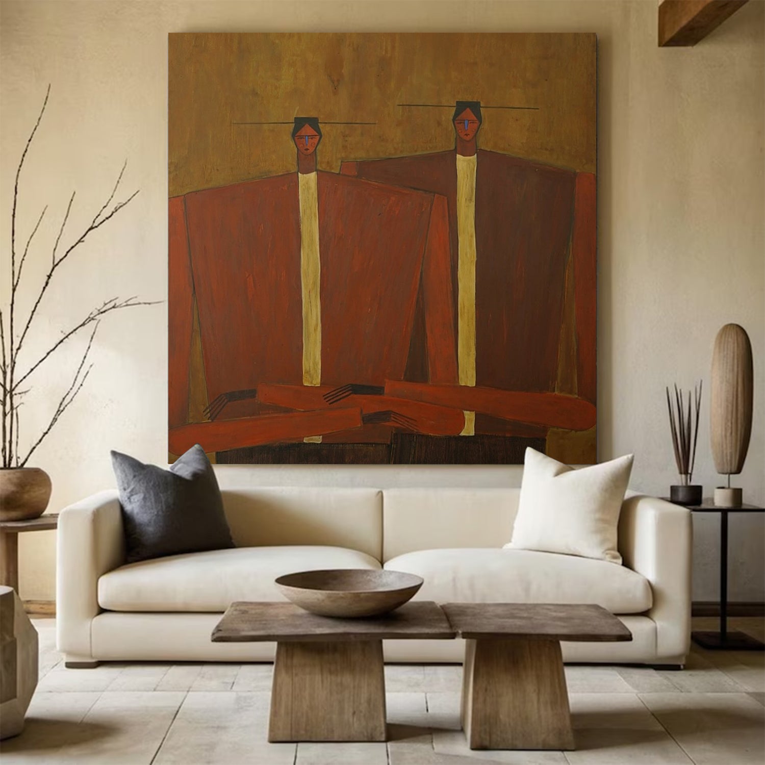 Earth-Toned Abstract Figurative Painting - Modern Folk Art Style Decor