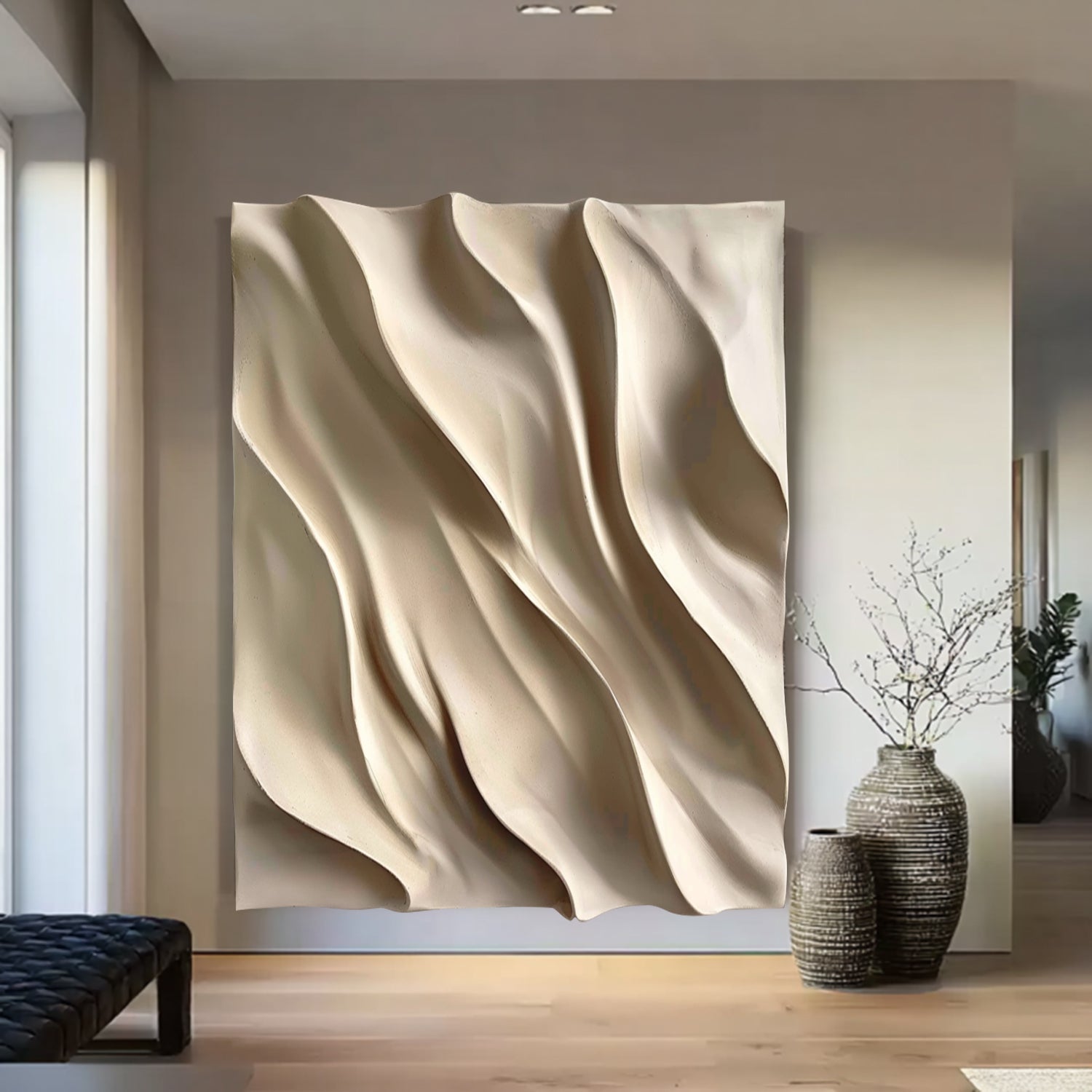 3D Textured Wood Wall Art | Neutral Boho Organic Wood Sculpture Decor