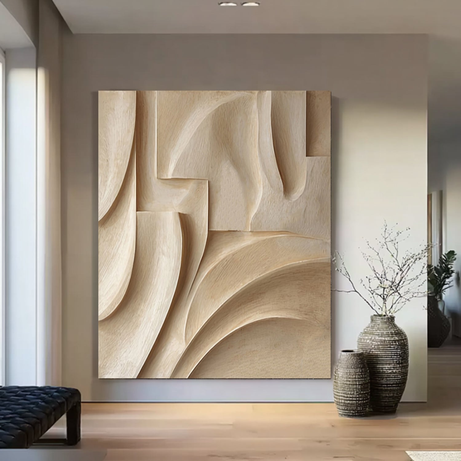 Hand-Carved Wood Wall Hanging Textured Beige Wood Wall Art Minimalist