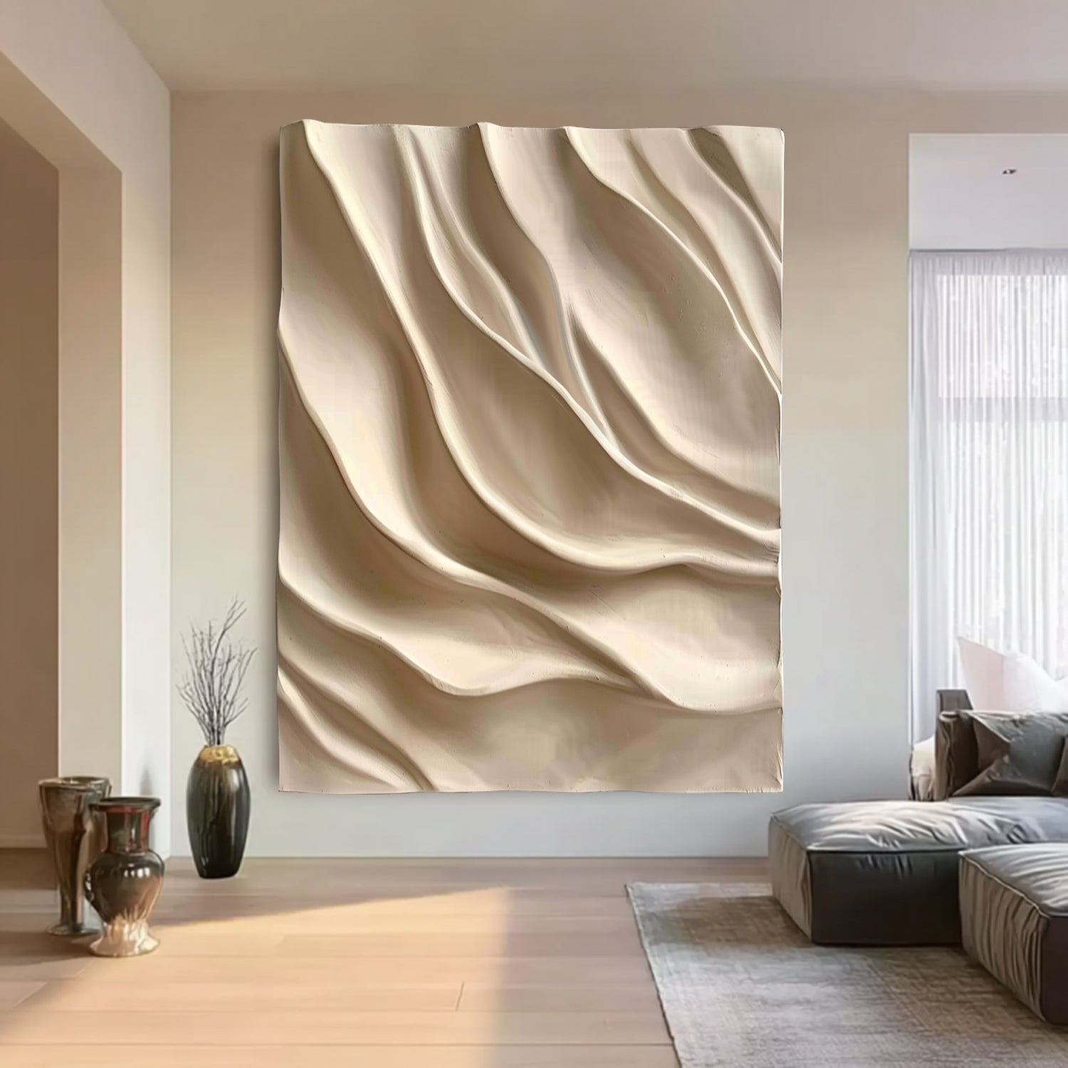 3D Wood Textured Wall Art Large Beige 3D Wall Art for Living Room