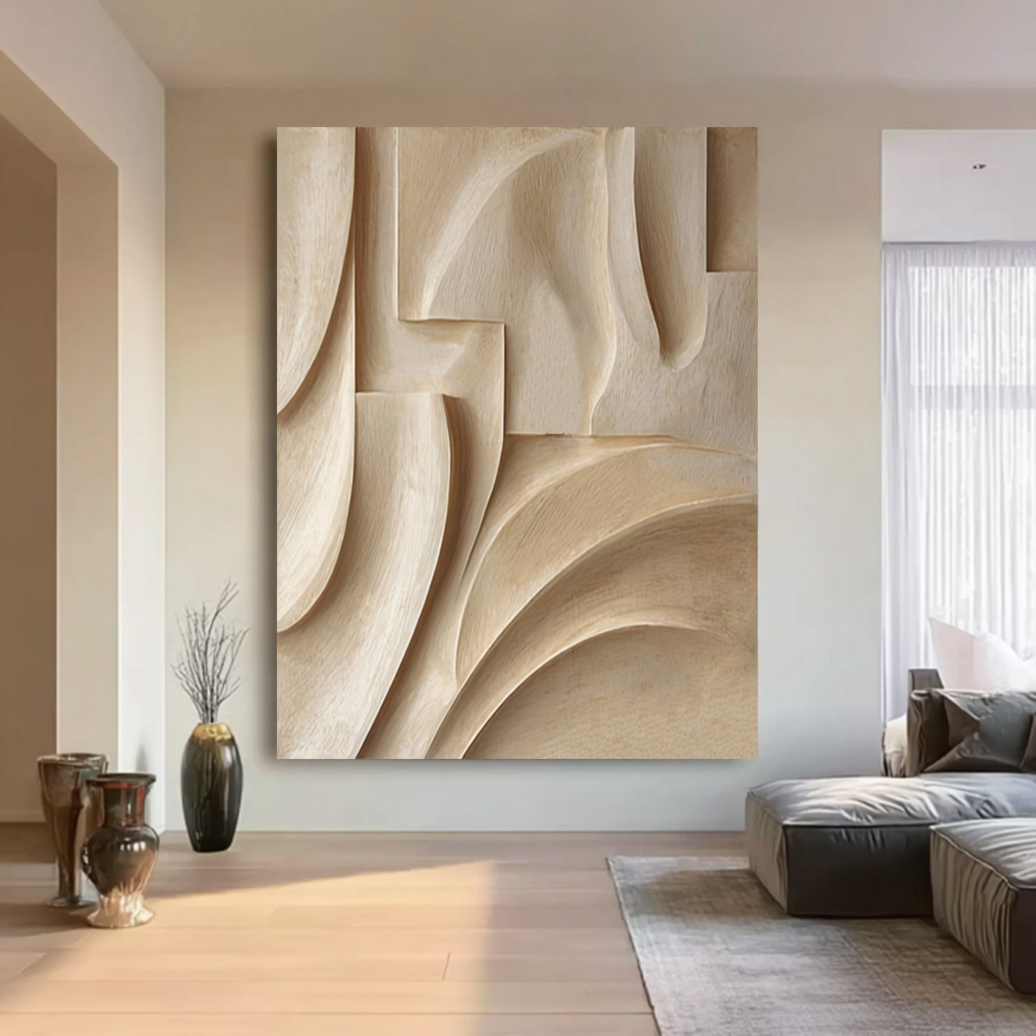 Hand-Carved Wood Wall Hanging Textured Beige Wood Wall Art Minimalist