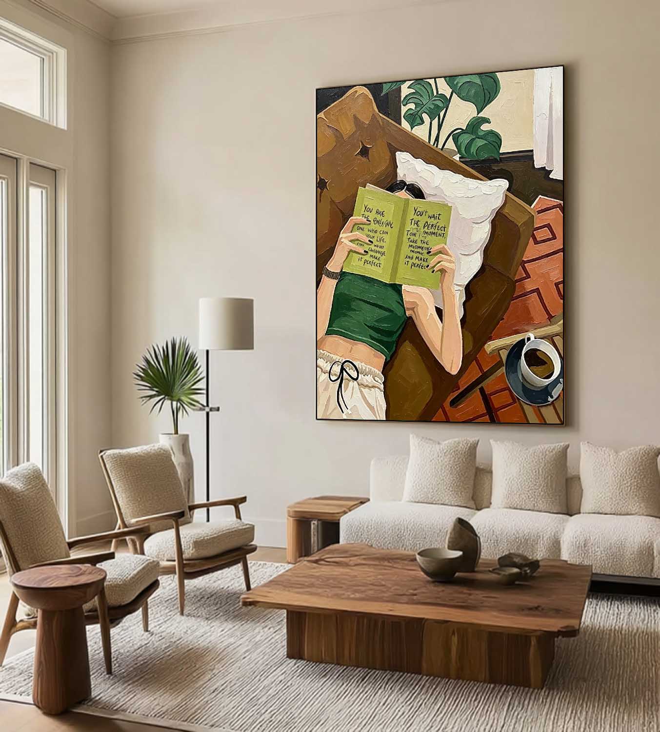 Textured Oil Painting Girl Reading Book with Quote, Modern Impasto Wall Art