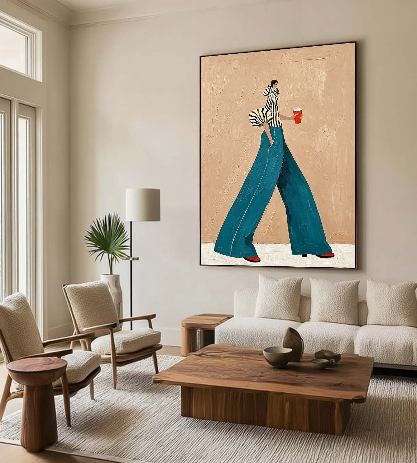 Modern Fashion Wall Art–Woman in Striped Top & Teal Pants Canvas Painting–Stylish Canvas Artwork