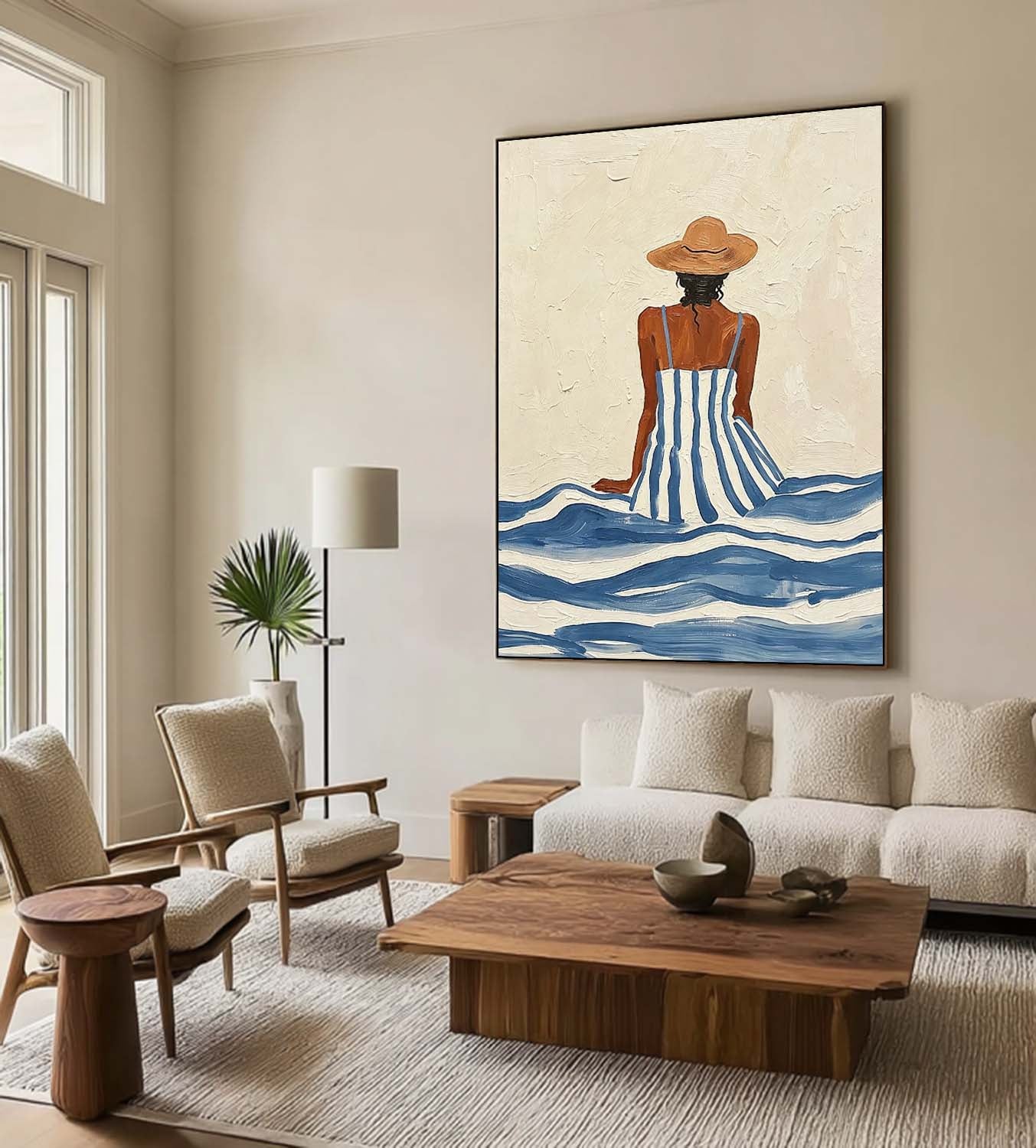 Summer Beach Wall Art – Woman Canvas Painting Coastal Canvas Artwork for Living Room