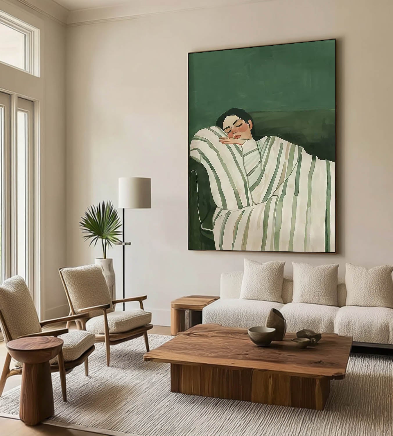 Mid-century Modern Sleeping Girl Oil Painting, Minimalist Green Wall Art
