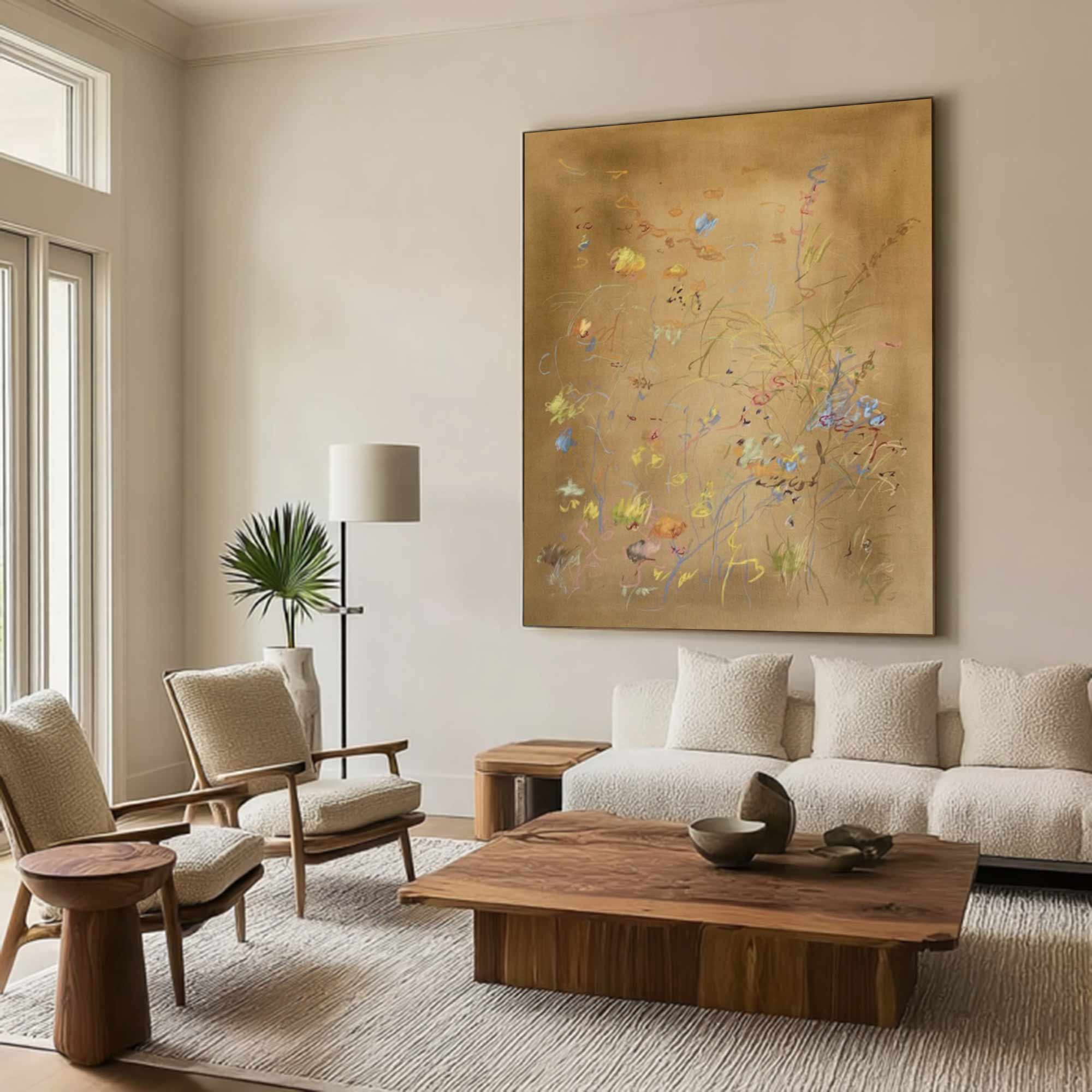 Earth color flower painting brown abstract painting, brown plant wall painting