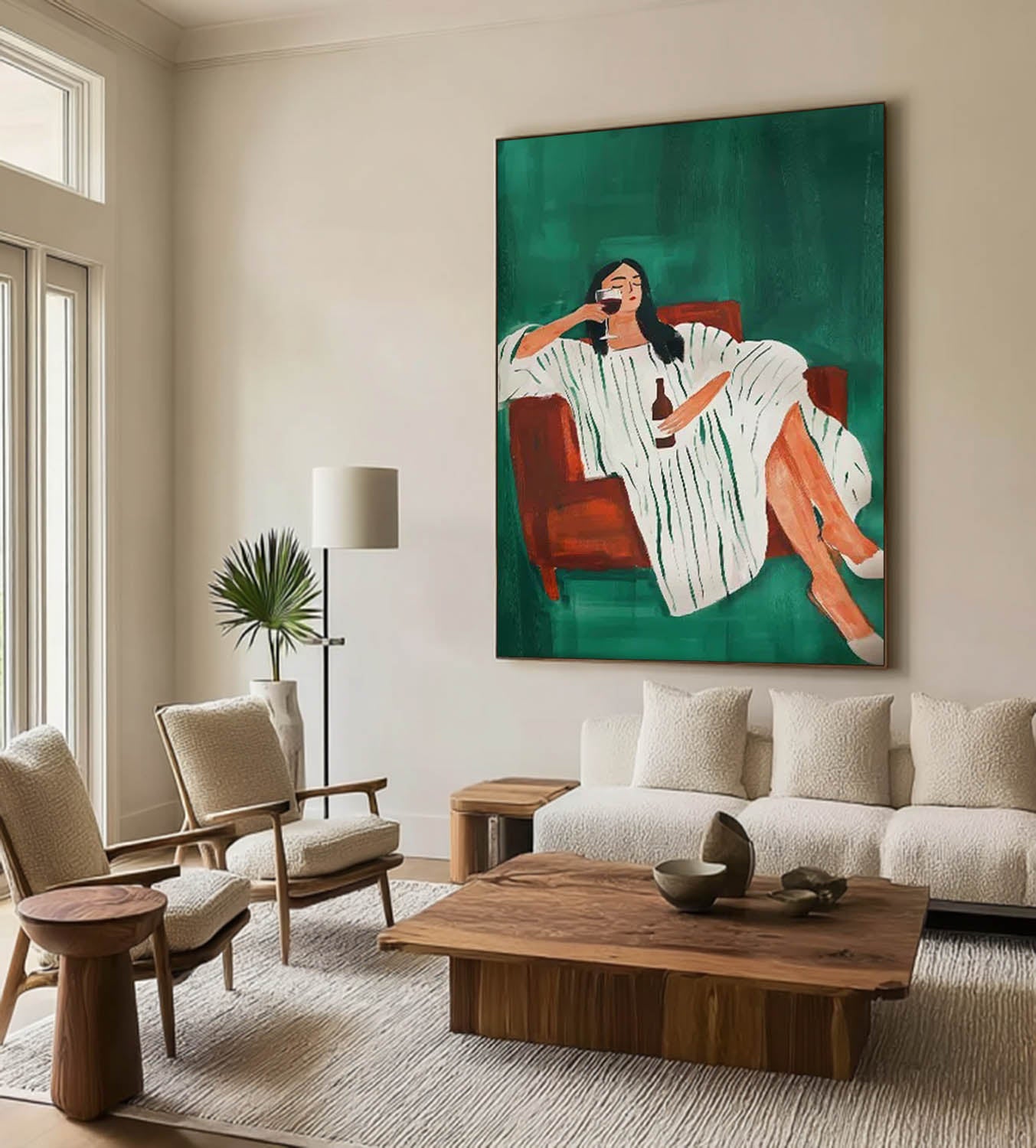 Modern Abstract Woman Lying on Sofa Art, Hand-Painted Green & White Stripes Decor