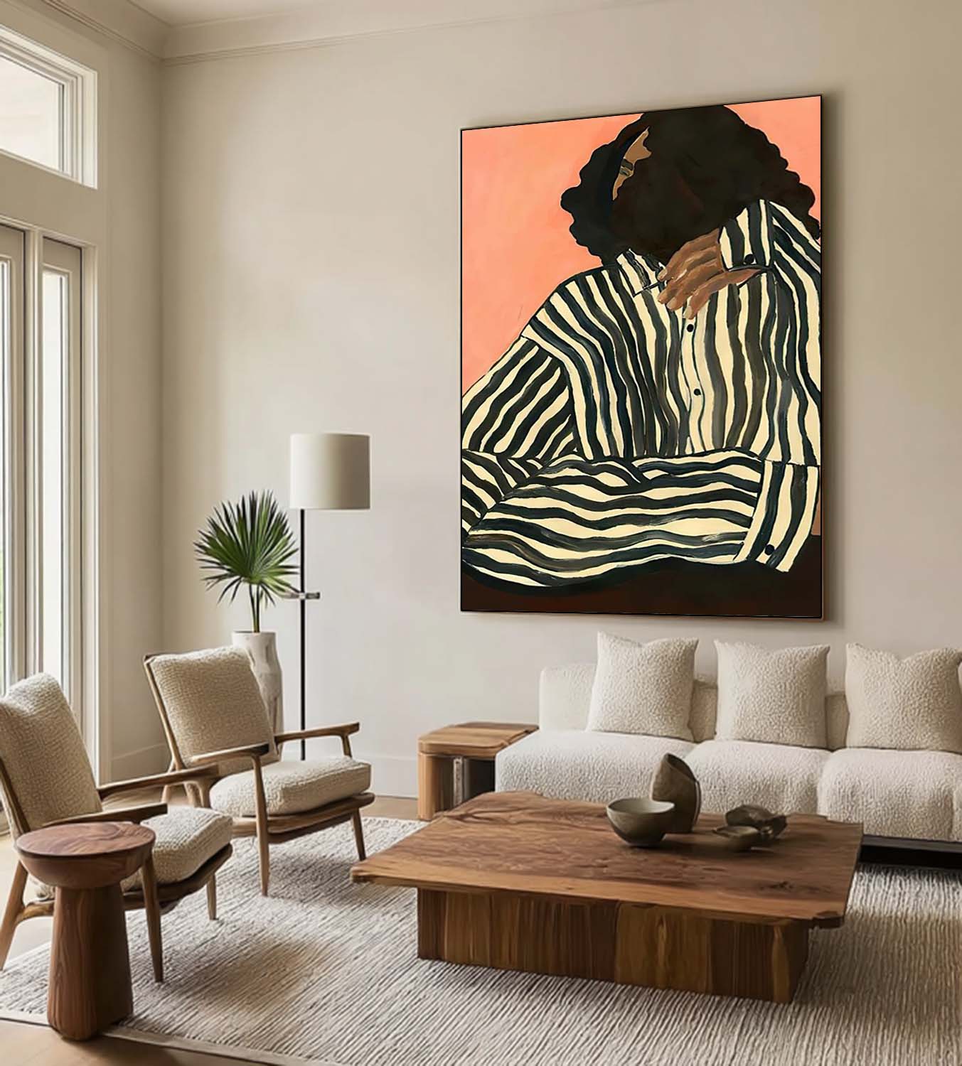 Chic Abstract Canvas Painting – Woman in Striped Shirt – Minimalist Modern Wall Art for Home