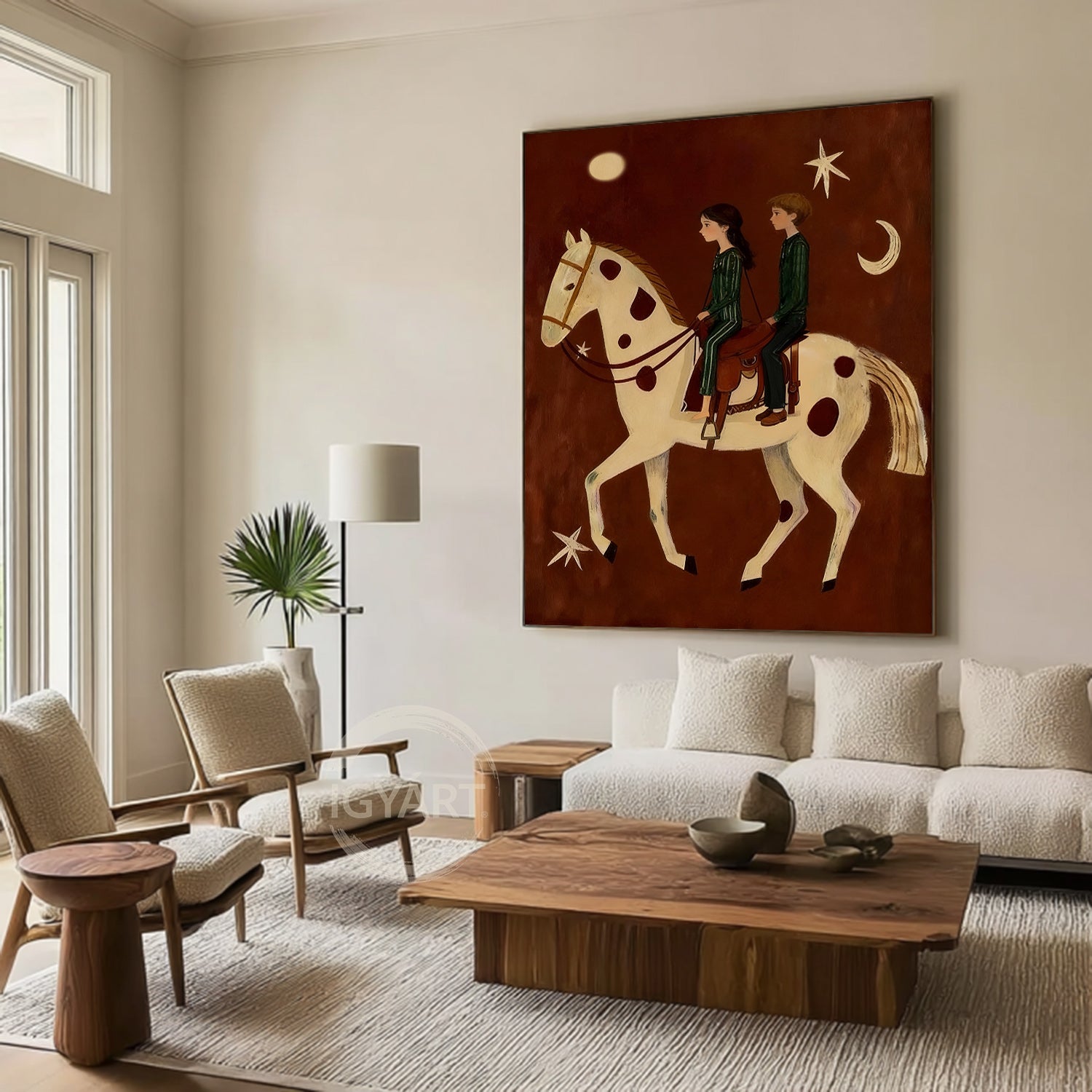Mid-century Modern Folk Art Boho Wall Art Equestrian Oil Painting