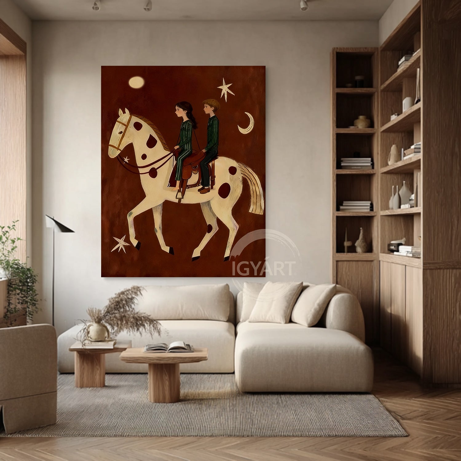 Mid-century Modern Folk Art Boho Wall Art Equestrian Oil Painting