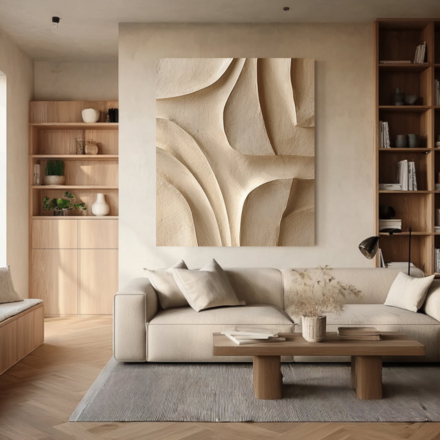 Large Beige Wood Wall Decor 3D Textured Wood Wall Art for Living Room