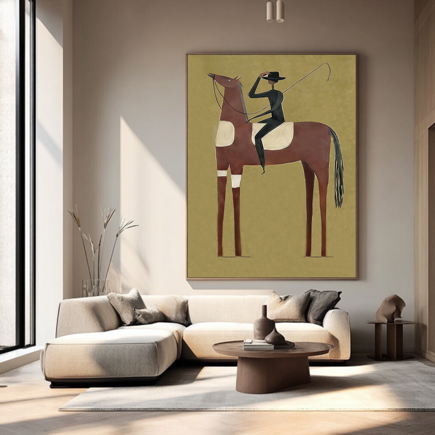 Minimalist black horse painting with red mane and a slim rider on olive green background.
